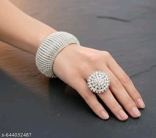 Trendy combo of bracelet & Ring party wear cubic zirconia adjustable foldover bracelet for women Girls