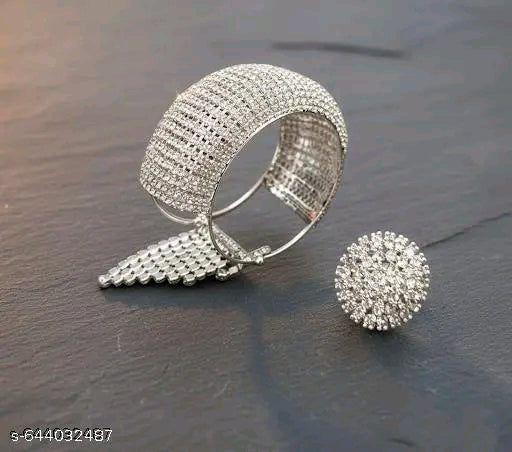 Trendy combo of bracelet & Ring party wear cubic zirconia adjustable foldover bracelet for women Girls